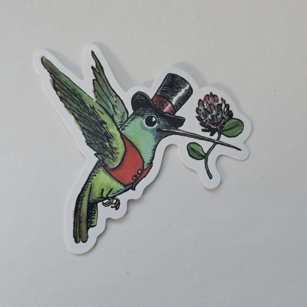 10/$10 Hummingbird Sticker with Top Hat - Green and Red